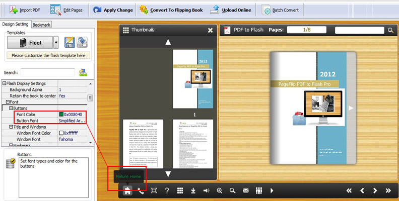 How to change button font format of flipping book?
